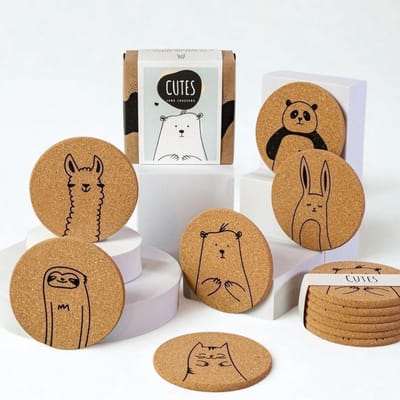 PepMelon™ Cutes - 6 delige set kurk onderzetters met dierenprint Ø 10 cm Handgemaakt met kado verpakking