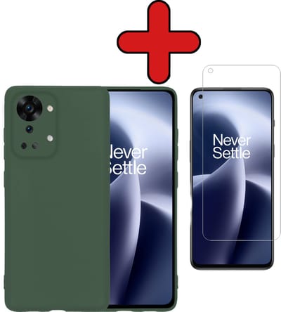 Hoesje - Met Screenprotector - Geschikt voor OnePlus Nord 2T - Sterk & Shockproof - Telefoon Hoes - Back Cover - Siliconen Case - Telefoonhoes - Donkergroen