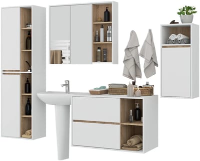 Badkamermeubelset VAMI 4-delige / hangende Badkamerkasten / 21 Planken en 2 Lades / Wit – Sonoma Eik / AKORD Furniture Factory