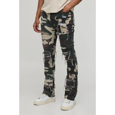 Camo Gestapelde Skinny Flared Distressed Jeans | Khaki | Size 28R