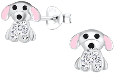 Joy|S - Zilveren hond oorbellen - zilver met roze oortjes en kristalletjes - 8 x 8 mm - kinderoorbellen
