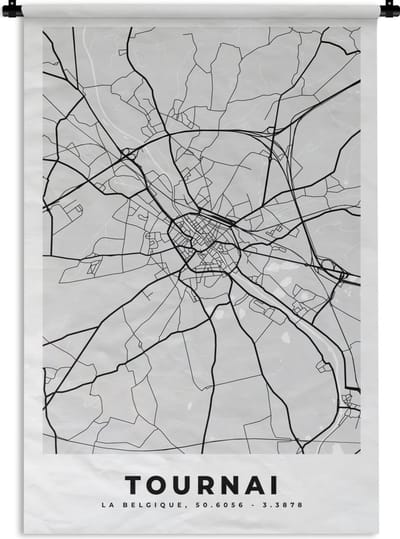 Wandkleed - Wanddoek - Stadskaart – Plattegrond – België – Zwart Wit – Tournai – Kaart - 120x180 cm - Wandtapijt