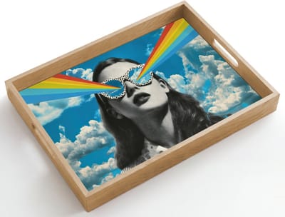 Dienblad hout 50x35 cm - Schootdienblad - Vrouw - Bril - Regenboog - Wolken - Borrelplank rechthoek - Plateau dienbladen