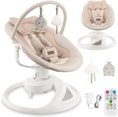 MoMi PEARL Elektrische Babyschommel en Wipstoel met Bluetooth, Afstandsbediening en 360° Draaibare Zitting - Beige