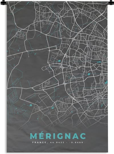 Wandkleed - Wanddoek - Mérignac – Plattegrond – Frankrijk – Kaart – Stadskaart - 120x180 cm - Wandtapijt