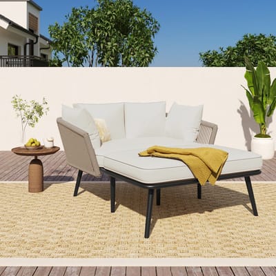 Wishdor Tuinloungesofa - Handgeweven armleuningen en rugleuning - Buitenontspanning - Moderne stijl - Tuin en terras - Houtlook - Khaki - 2 zitplaatsen