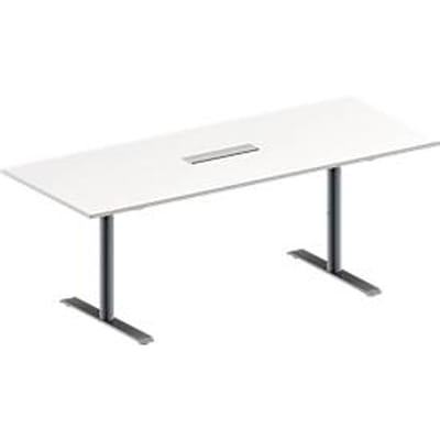Schäfer Shop Genius Vergadertafel MODENA FLEX, in hoogte verstelbaar, 6-voudige contactdoos, rechthoekige vorm, T-poot ronde buis, B 2000 x D 800 mm, wit