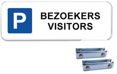 Parkeerbord Bezoekers Visitors - Weerbestendig Aluminium - 40x15 cm - Bevestiging: Met hekbeugels (voor spijlen- of gaashek)