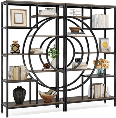Velmio Boekenkast industrieel - boekenrek - wandrek - bruin/zwart - hout/metaal - 30x9x175 - met 5 lagen - open