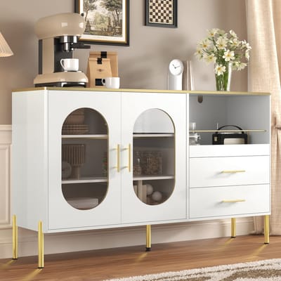 REDOM Sideboard 140x38x90 cm Wit met Gouden Accenten – 2 lades, 2 glazen deuren, Kabeldoorvoer, Veel Opbergruimte