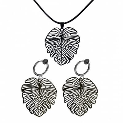 2-Delige set zwarte boomblad ketting en klem oorbellen - Charme Bijoux
