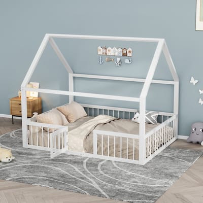 VVBV Metalen Bed 140x200 cm met Huisdesign, Voor Kinderen/Tieners - Uitvalbeveiliging - Metaal Wit - Zonder Matras