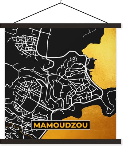 Posterhanger incl. Poster 60x60 cm - Schoolplaat - Plattegrond – Kaart – Frankrijk – Stadskaart - Mamoudzou - Textielposter - Zwarte latten - Stadskaart
