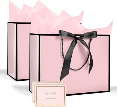 2 Stuks Medium Roze Cadeautas, Papieren Cadeautas met 4 Wikkels en 2 Kaarten, Handgemaakte Presenttas voor Vrouwen, Verjaardagen, Bruidsmeisjes en Valentijnsdag