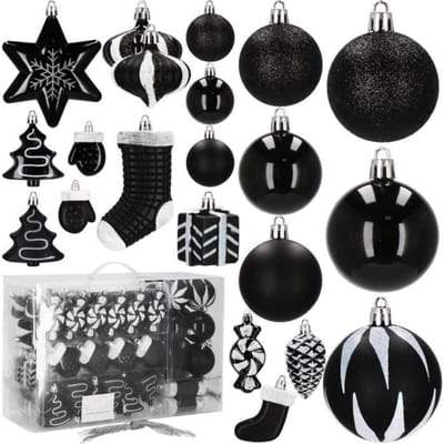 Springos Kerstballen - Kerstversiering - Onbreekbaar - 77 Stuks - Zwart