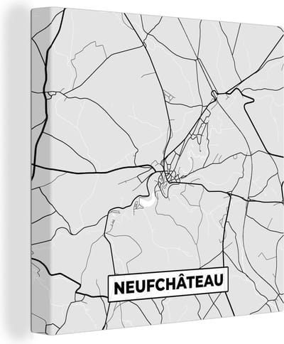 Canvas Schilderij Stadskaart – Plattegrond – België – Zwart Wit – Neufchâteau – Kaart - 20x20 cm - Wanddecoratie