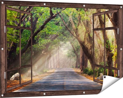 Gards Tuinposter Doorkijk Weg Omringd met Bomen - 120x80 cm - Tuindoek - Tuindecoratie - Wanddecoratie buiten - Tuinschilderij