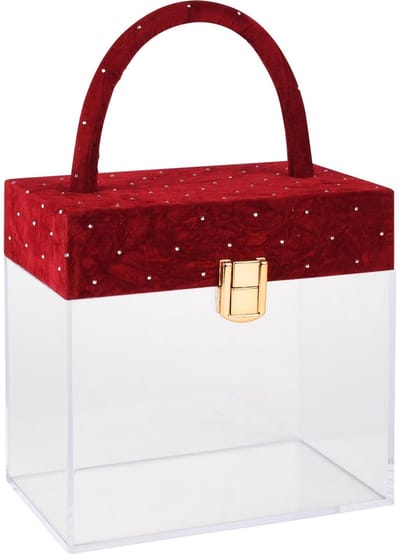 Dekoratief | Koffertje, rood/transparant, velvet/acryl, 17x10x16/26cm | A255308