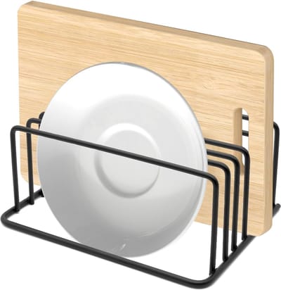 Famanu – Snijplankhouder, zwart, snijplankhouder, snijplank, standaard van staal, 5 sleuven, snijplank, organizer voor keukenwerkblad, ruimtebesparend in de keuken