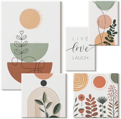 Wallfluent Set van canvas schilderijen - Stijlvolle graphics met plantenmotieven en geometrische vormen Canvas Schilderijen Set - Set van 5 Canvas Schilderijen - Beige Set van Canvas Prints - Natuur Canvas Kunst Set - Boheemse Canvas Kunst Set