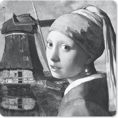 Muismat 20x20 cm - Mousepad Het meisje met de parel - Johannes Vermeer - Zwart - Wit - Muismatten
