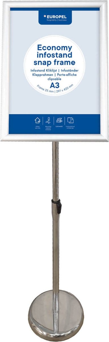 Europel Economy infostand kliklijst – Zilver – A3 (29,7 x 42 cm) – Frame 25mm – Verstelbare hoogte – Draaibare kliklijst – Stabiele ronde voet – Ideaal voor Beurzen