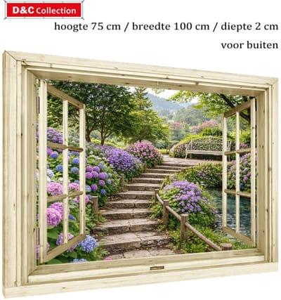 Buitencanvas doorkijk venster bospad - 75x100x2 cm - tuinposter doorkijk bloemen - tuindoek op houten frame - nostalgisch venster - bos - hortensia's langs bospad - beek - ijzeren bankje - romantisch