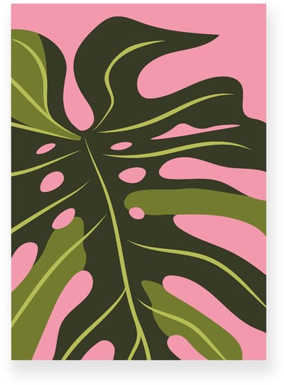 Poster 20x30 cm - Monstera Bladeren - Planten - Roze - Groen - Minimalistisch - Botanisch - Muurdecoratie - Wanddecoratie