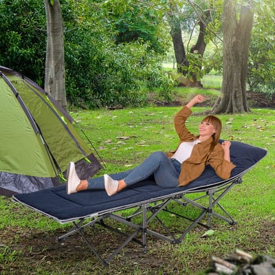 MIVRAY Campingbed 188 x 64,5 x 53 cm - Opvouwbaar Veldbed Met Matras, Hoofdkussen En Zijvak - Voor Kamperen En Logees - Polyester Donkerblauw
