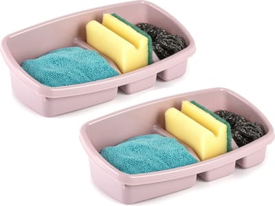Plasticforte Keukenspons houder - 2x stuks - 26x14 cm - oudroze - doekjes organizer - keuken - kunststof