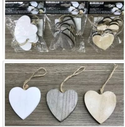 Seasons & Style - Houten Hart Hangers - Set van 15 - Met Touw - Wit - Licht Bruin - Verweerd Grijs Bruin - 6,5 x 7 cm en 7 mm dik