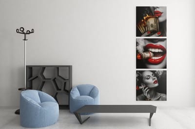 Drieluik Canvas Schilderij Money Art – Rood Lippen Luxe Wanddecoratie - 3x30x30 cm