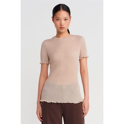 Slim Fit Geribbelde Volant Blouse
