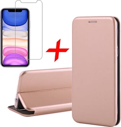 Hoesje geschikt voor iPhone 11 - Screen Protector GlassGuard - Book Case Kunstleer ThinShield Roségoud & Screenprotector