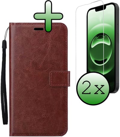 Hoesje Met 2x Screenprotector - Geschikt voor Apple iPhone 16e - Luxe Pasjeshouder - Bookcase Portemonee - Flip Case - Kunstleer Book Case - Flipcase Hoes - Book Cover - Walletcase - Portemonneehoes - Bruin