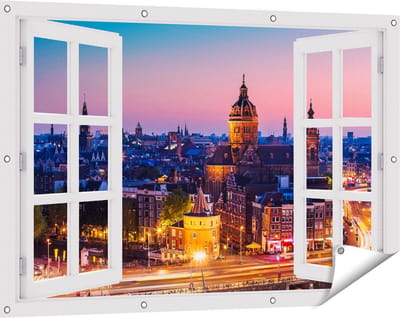 Gards Tuinposter Doorkijk Amsterdam Skyline bij Zonsondergang - 120x80 cm - Tuindoek - Tuindecoratie - Wanddecoratie buiten - Tuinschilderij