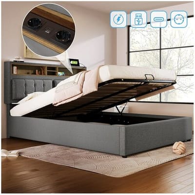 Merax Opbergbed 140 x 200 cm met opberghoofdeinde - USB & C-aansluiting - linnen stof - grijs