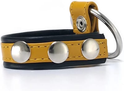 Black Label - Leren Cockstrap met Metalen Penisring - Zwart/Geel