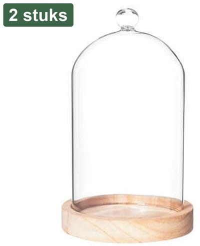 2x Atmosphera Home decoratie glazen stolp op houten plateau - glas/lichtbruin - D12 x H19 cm - Woonaccessoires - Glazen stolp - Houten plateau - Beschermt en presenteert decoratie