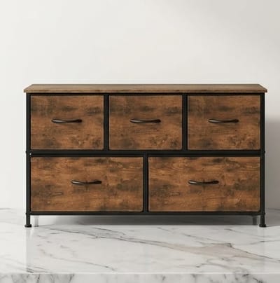 Urban Edge Commode 100 cm – Industriële Ladekast met 5 stoffen Lades – TV Meubel / Dressoir Vintage Bruin Zwart Casa Serena – 100 cm – Casa Dorada