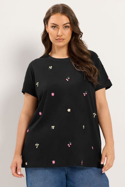 Yours Zwart Tshirt Met Bloesemborduursel Size 42