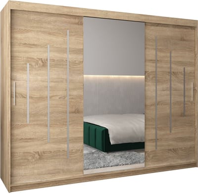InspireMe - Kledingkast met 3 schuifdeuren, Modern-stijl, Een kledingkast met planken en een spiegel (BxHxD): 250x200x62 - MALTESE I 250 Sonoma Eik