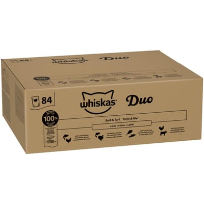 84x85g Whiskas 1+ adult zakjes Surf and Turf duo in gelei natvoer voor katten