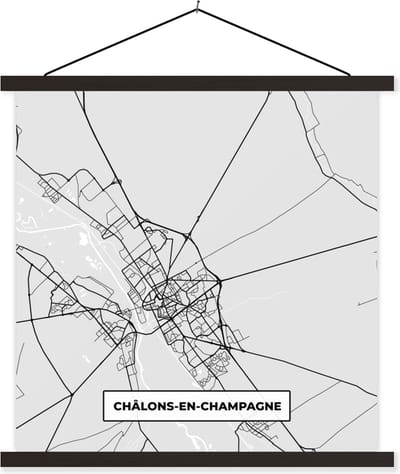 Posterhanger incl. Poster 60x60 cm - Schoolplaat - Plattegrond – Châlons-en-Champagne – Stadskaart – Kaart – Frankrijk - Textielposter - Zwarte latten - Stadskaart