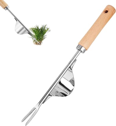 Handmatige onkruidverdelger van roestvrij staal met houten handvat, ideaal voor tuinonderhoud en wortelverwijdering