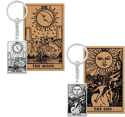 Tarot Sleutelhanger 18 | 19 bundel - Zon & Maan - Zilverkleurig Stainless Steel - Inclusief Rider-Waite Kaartjes - Pax Amare