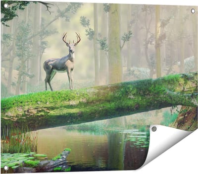 Gards Tuinposter Hert in het Bos op een Boom - 80x60 cm - Tuindoek - Tuindecoratie - Wanddecoratie buiten - Tuinschilderij