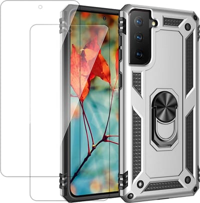 Casemania Hoesje Geschikt voor Samsung Galaxy S22 Grijs & 2X Glazen Screenprotector - Anti-Shock Hybrid Armor Back Cover - Hoes met Kickstand Ring