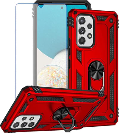 Casemania Hoesje Geschikt voor Samsung Galaxy A23 Rood & Glazen Screenprotector - Anti-Shock Hybrid Armor Back Cover - Hoes met Kickstand Ring