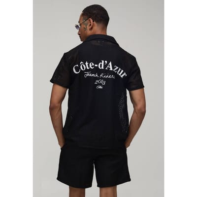 Geborduurd Gehaakte French Riviera Regular Shirt & Relaxed Short Set | Black | Size XS